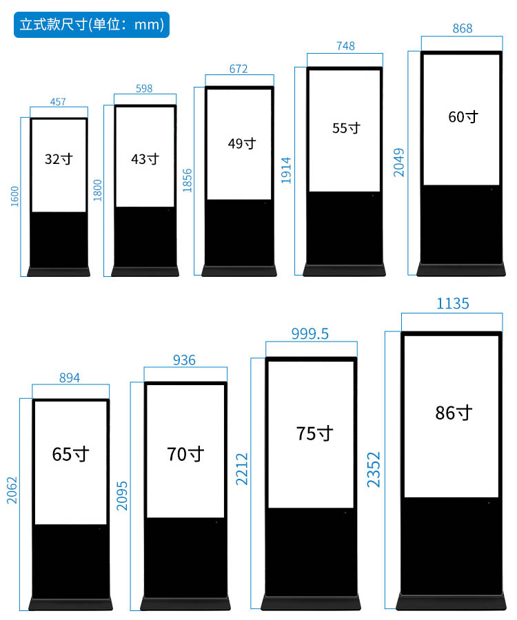 立式廣告機(jī)尺寸對照表